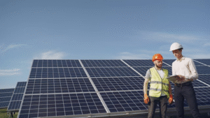 Monteurs controleren zonnepanelen op dak, voorbeeld van hoe lang zonnepanelen mee gaan in de praktijk